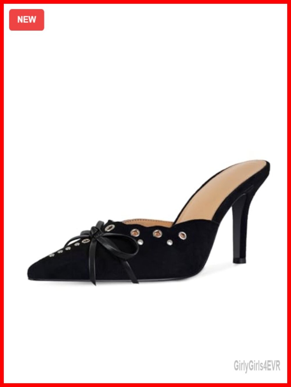 Studded Heeled Mules Suede Pointy Toe Bow Slip On Stiletto Pumps